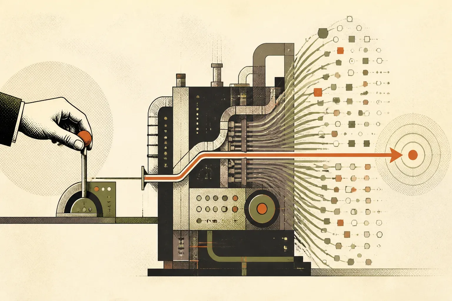 A hand-operated control selecting one precise path through a much larger automated mechanism.