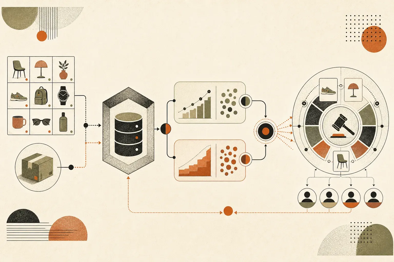 Products and first orders flowing into a data warehouse, through margin and customer value segments, and back to a shopping auction.